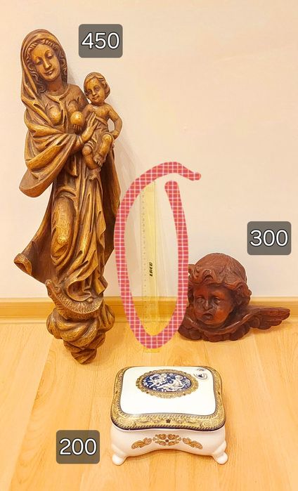 Statueta din lemn ingeras și Madona cu pruncul