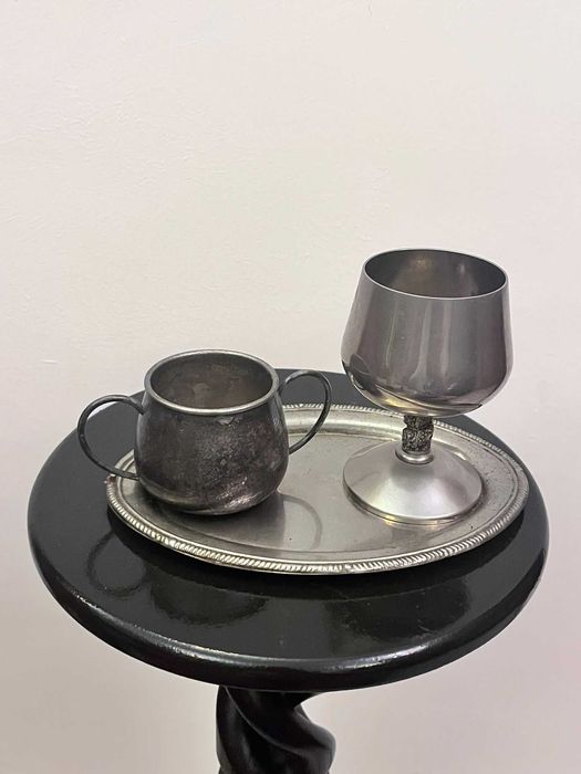 Set vechi 3 piese pahar letiera si tavita argintate bibelou bibelouri