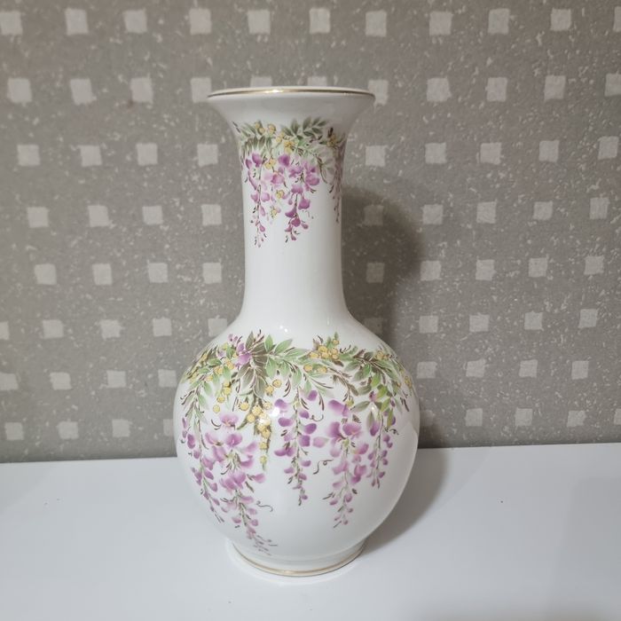 Vază porțelan pictată manual, flori mov și aur