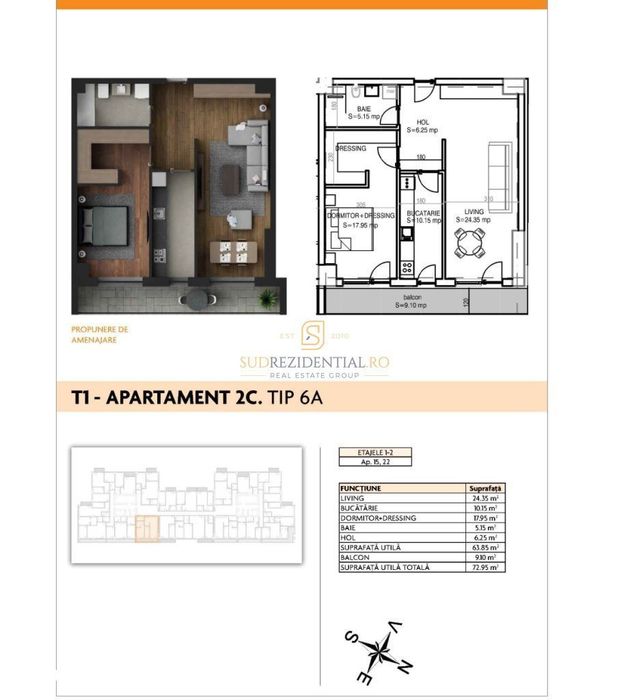 Apartament cu 2 camere, dressing si balcon generos, acces rapid metrou