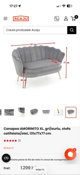 Canapea 2 persoane catifea gri Acaju