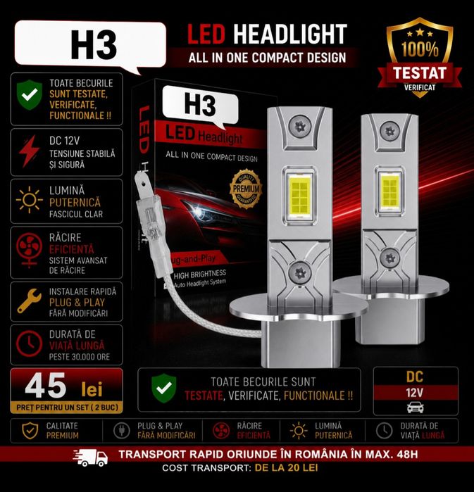 Becuri LED H3 30000LM Canbus  12V  set 2buc
