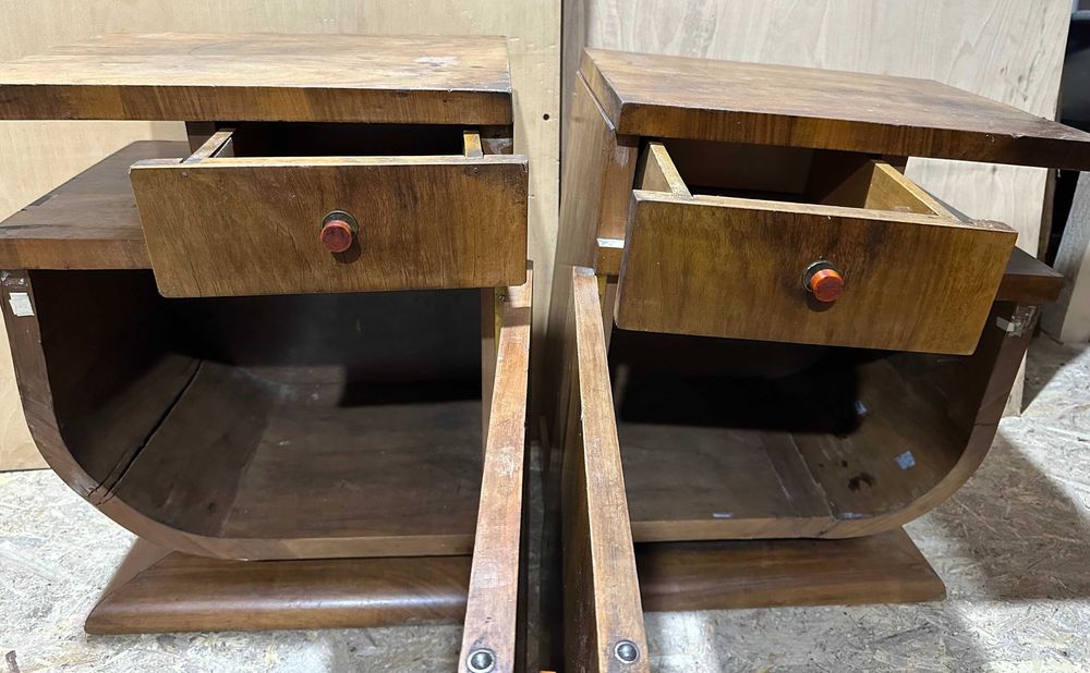 2 buc Noptiera Vintage Stil ArtDeco; Noptiera din Lemn cu usa si sertar