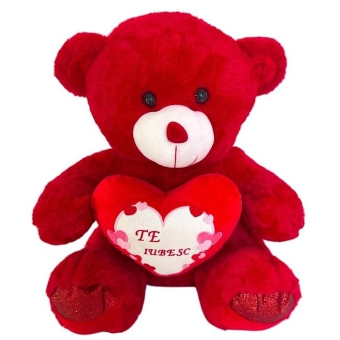 Плюшено мече от бонбони със сърце и текст "Сладка любов", височина 40с