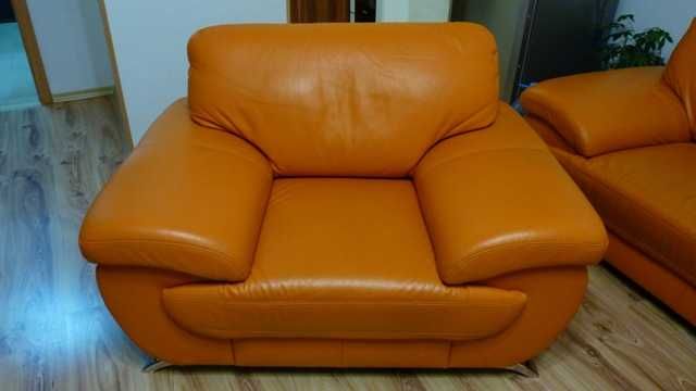 Италианска КОЖЕНА и ДЪРВО Гарнитура с Масивен Диван и 2бр. Фотьойли!