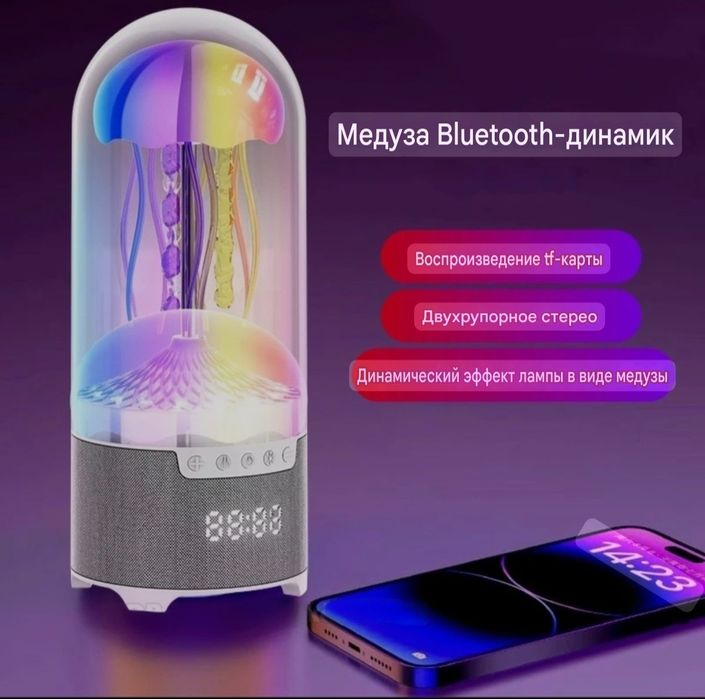 Светодиодная лампа ночник медуза колонка с часами беспроводная