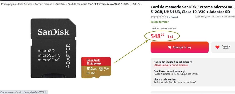 Card Memorie SanDisk Extreme PLUS microSDXC 512GB UHS-I (Super Ofertă)