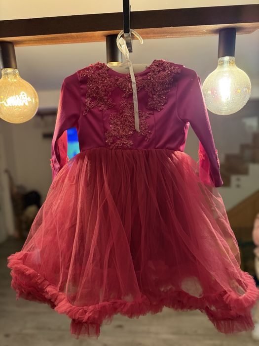 Rochita roz din satin, dantela aplicata si tul 24-36 luni, 92-98
