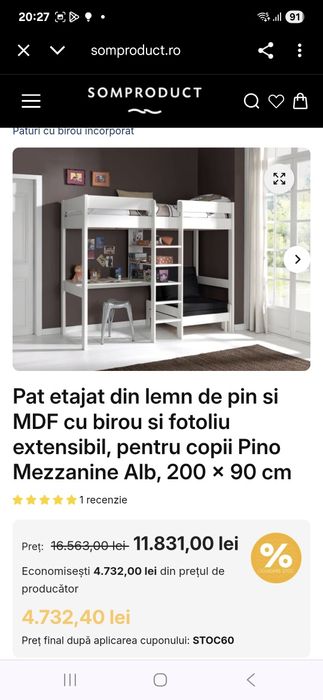 Pat etajat din lemn de pin si birou