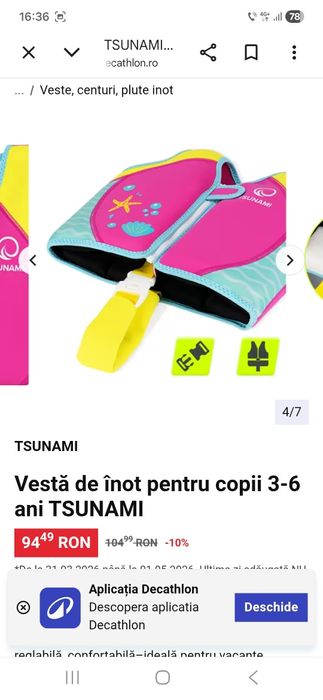 Vestă de înot pentru copii 3-6 ani TSUNAMI 19-30 Kg. Noua