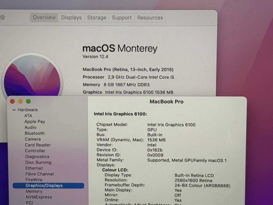 MacBook Pro 13 Retina`Core i5-5287U/8GB RAM/256GB SSD/Бат 10ч