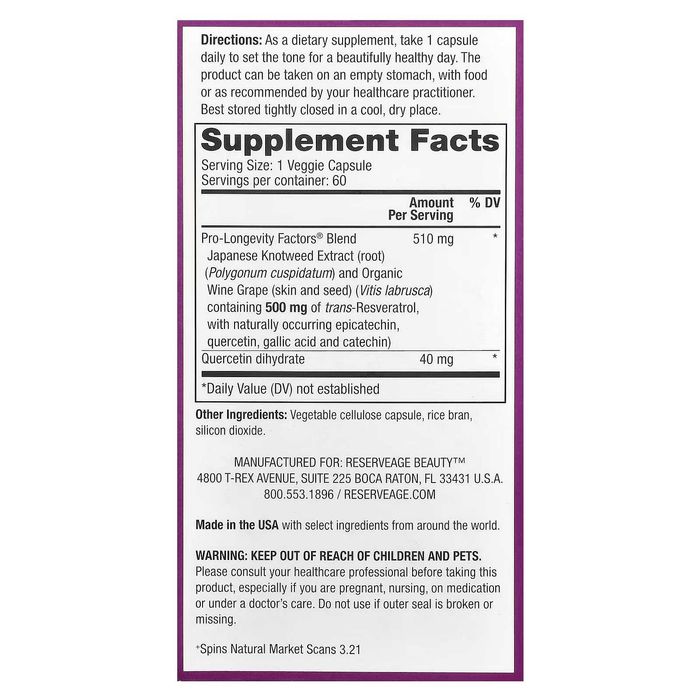 RESVERATROL with Pterostilben, 500mg, 60 capsule, supliement alimentar, produs in SUA, Reserveage