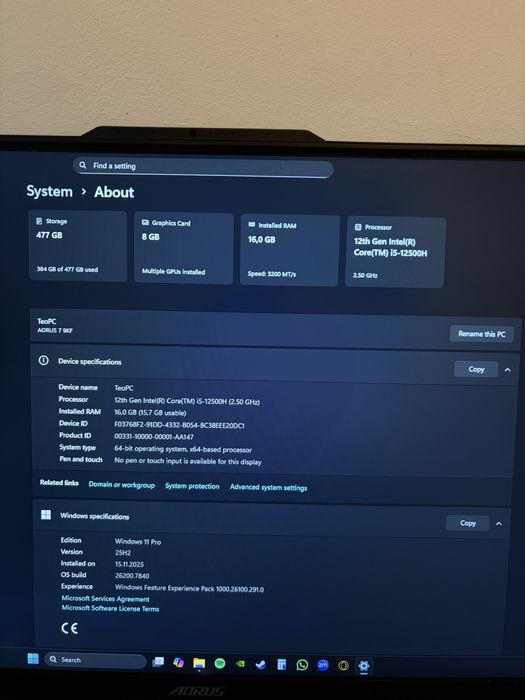 Laptop AORUS Gaming 17.3’ i5 12500 12th 16RAM 512SSD RTX 4060 360hz