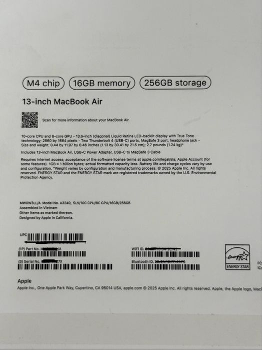 MacBook Air | 2025 | M4 | 16/256gb