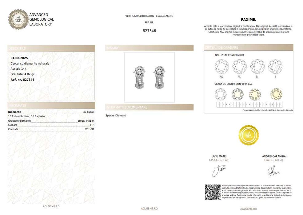 Pereche de cercei clips din aur alb, decorată cu diamante