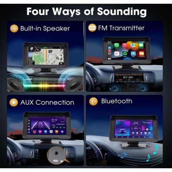 Преносим 7" безжичен CarPlay и Android Auto тъчскрийн с Bluetooth, GPS