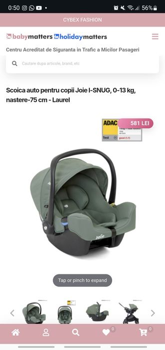 Scoica auto pentru copii Joie I-SNUG, 0-13 kg, nastere-75 cm - Laurel