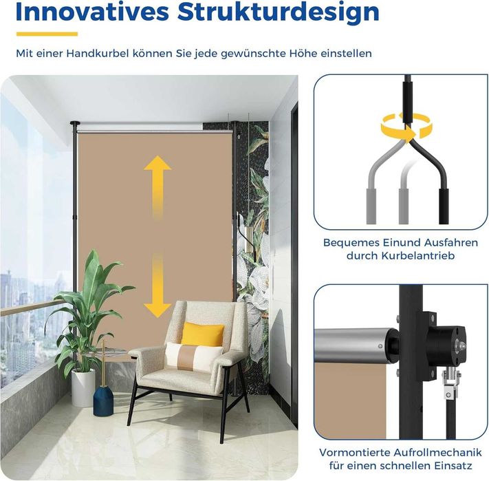 Странична тента Outsunny, балконска тента 200 см x 140 см, крем