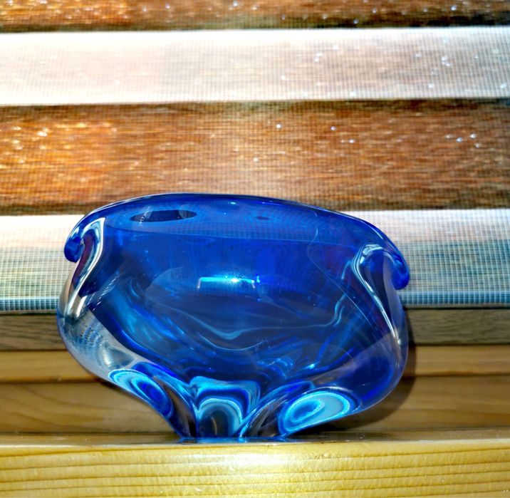 Антикварна Мурано кристална купа пепелник кобалтово синя ръчно правена