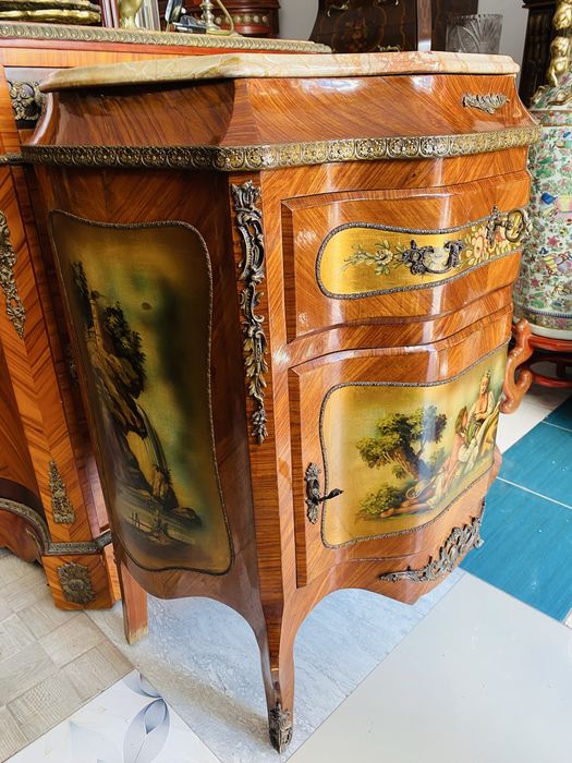 Comoda Servanta Vintage Marmura Pictura Intarsie Bronz Lemn
