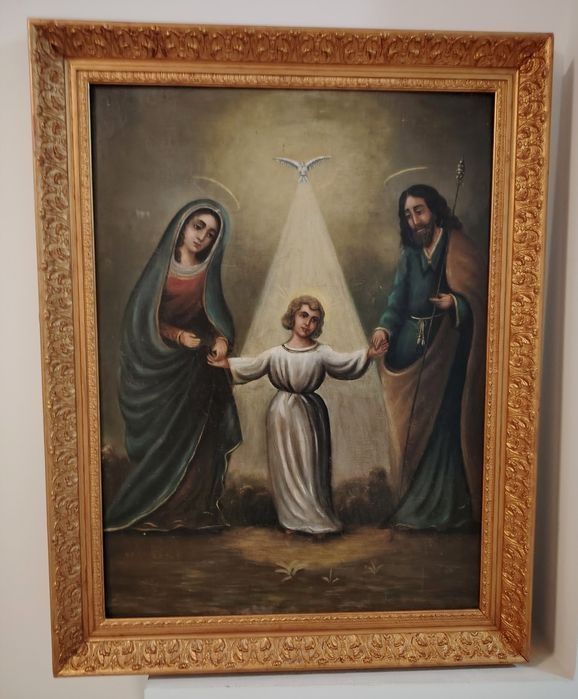 Pictură religioasă cu Fecioara Maria, Pruncul Iisus și Sfântul Iosif,rama din lemn masiv cu o deosebită sculptură, dimensiuni 95 cm cu 75