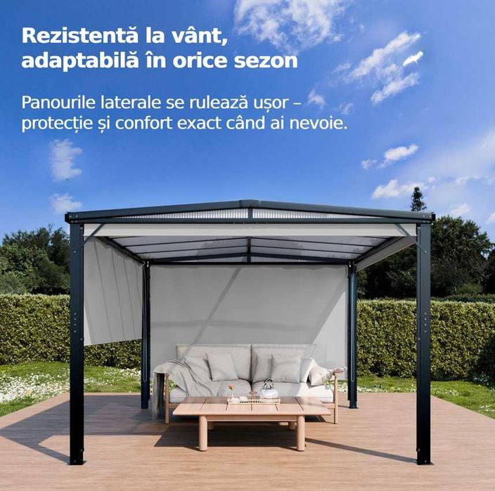 Pergolă Aluminiu 3×3 m Cortina cu pereti laterali retractabili Pavilion Acoperis policarbonat