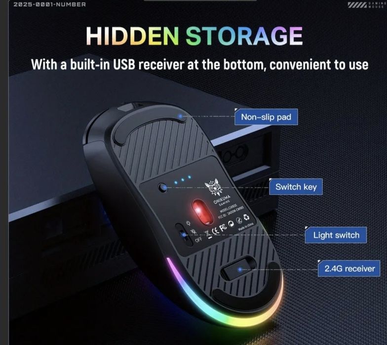 Геймърска мишка Onikuma Wireless 3 Mode RGB (Bluetooth / USB / Wired,
