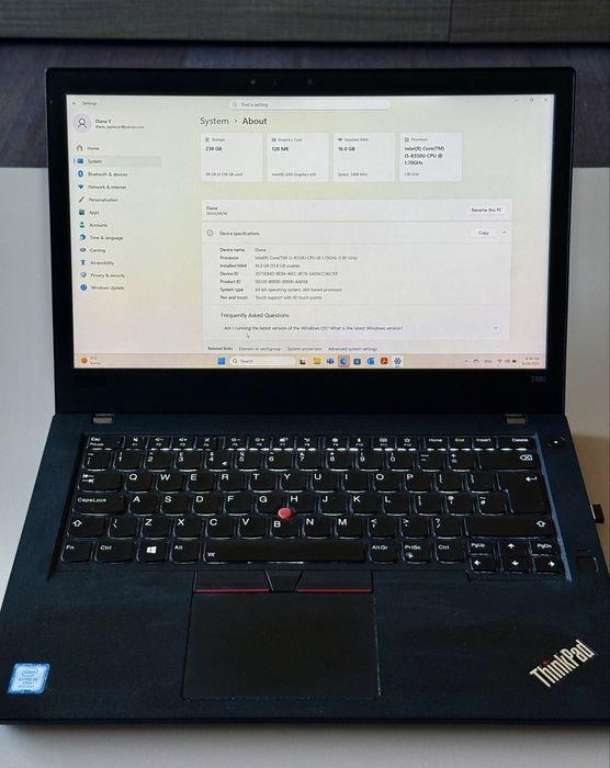 Vand laptop Lenovo ThinkPad T480 – i5 / 16GB RAM / SSD 256GB