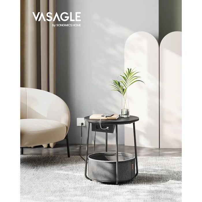 Кръгла холна маса VASAGLE с платнена кошница, зарядна станция