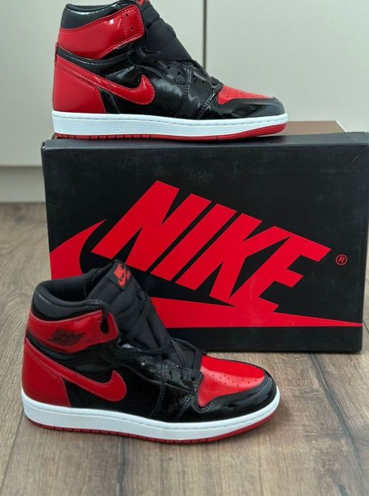 ULTIMELE PERECHI!! Adidasi / Sneakers Air Jordan 1 Patent Bred Negru / Rosu Marimi 36-44 Unisex