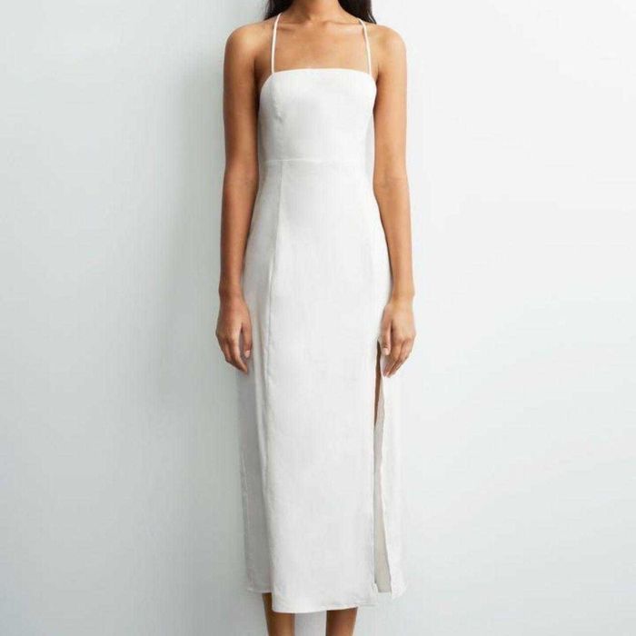 Zara Rochie midi spate gol  alb ecru Oyster albă lunga in, decupaj la spate