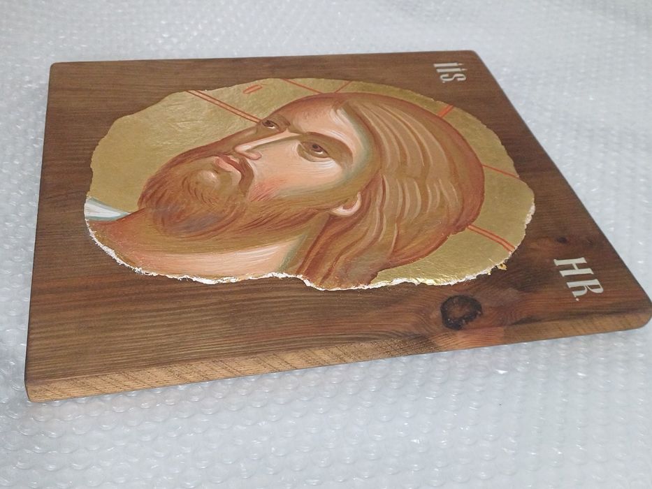 Frescă pictată,  Iisus Hristos, pe panou de lemn, aur 22K