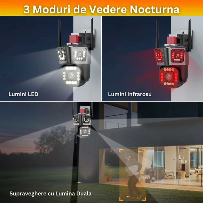 Camera de supraveghere tripla WIFI, 12MP, 32 GB, PTZ, CCTV, zoom 10x