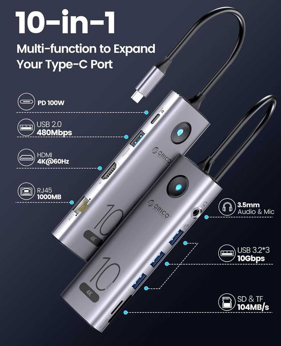 USB Hub Док станция Orico 10в1 Type-C CReader PD 100W 4K-60Hz Ethernet