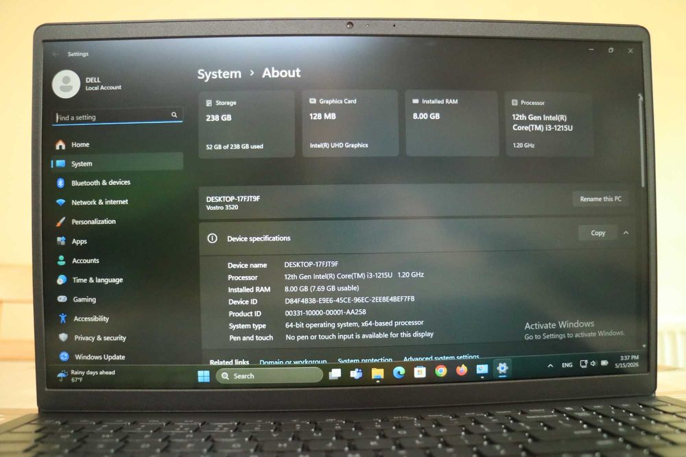 Laptop Dell Vostro 3520 full hd 15.6inch i3-1215U ram 8gb ssd 256gb intel uhd graphics win11 pro