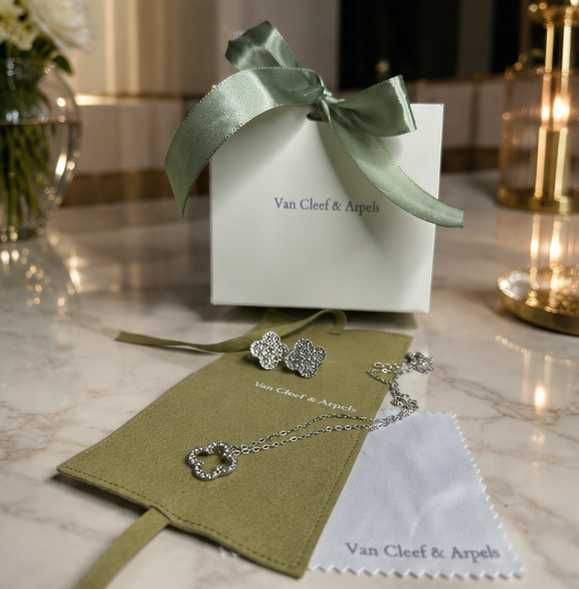 комплект колие и обеци с клипс van cleef ван клиф сребристи неръждаема стомана с цирконии камъни сет комплект