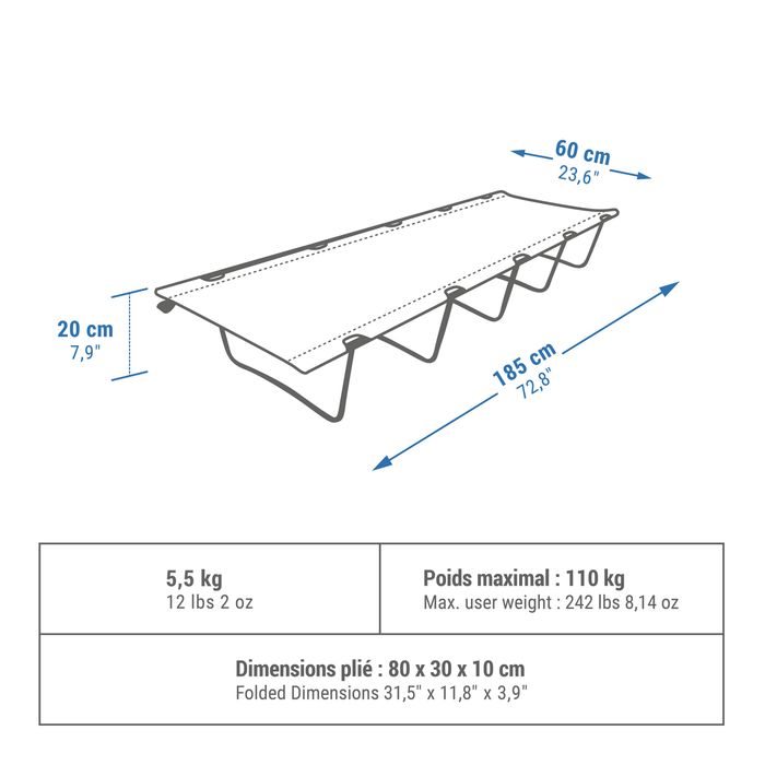 Pat camping Basic 60 cm 1 persoană - produs resigilat Decathlon