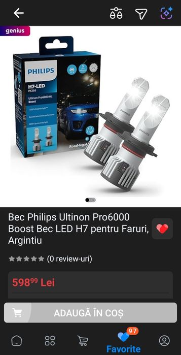 Bec Philips Ultinon Pro6000 Boost Bec LED H7 pentru Faruri, Argintiu