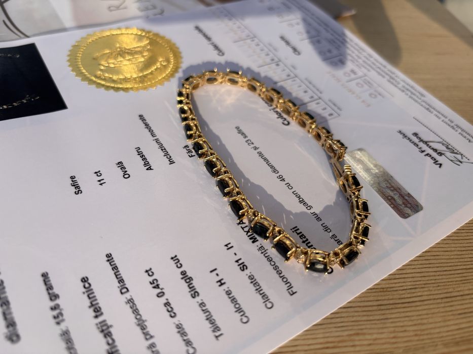 Brățara TENIS mare 22 cm AUR cu 11K  safire si 0.45K diamante