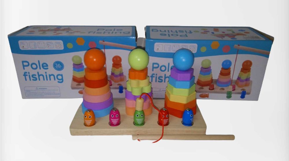 3 в 1 дървени рингове с различени елементи + магнитен риболов с въдица