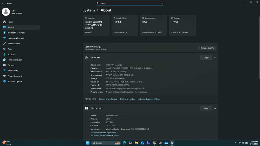 intel core i7 10750H CPU @ 2.60GHz