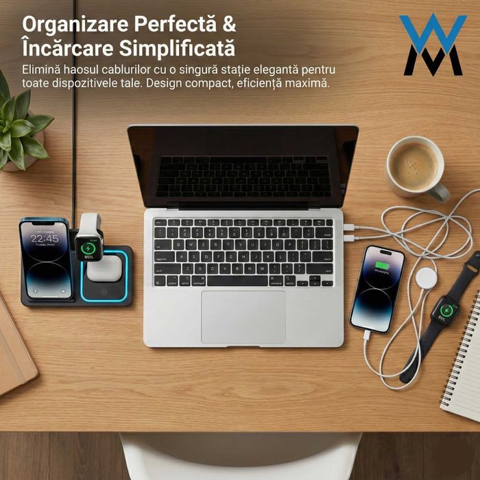 Statie Incarcare Wireless 3-in-1 Pliabila Wyred by Monga 15W Nou