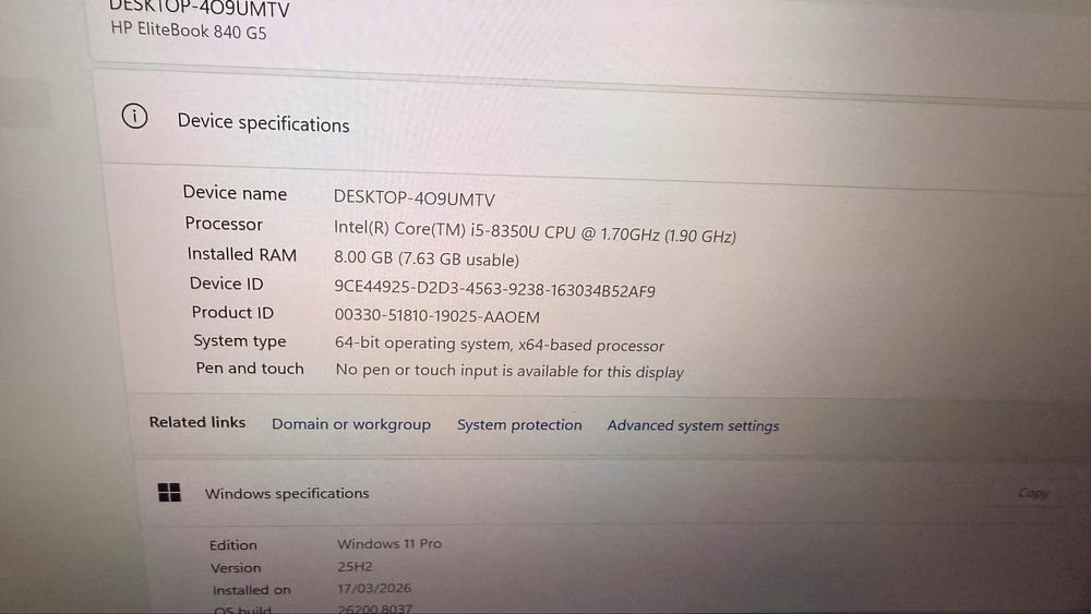 HP Elitebook 840 G5 i5-8350u / 8 Gb DDR4/ Nvme 256 Gb/ Baterie 5 ore