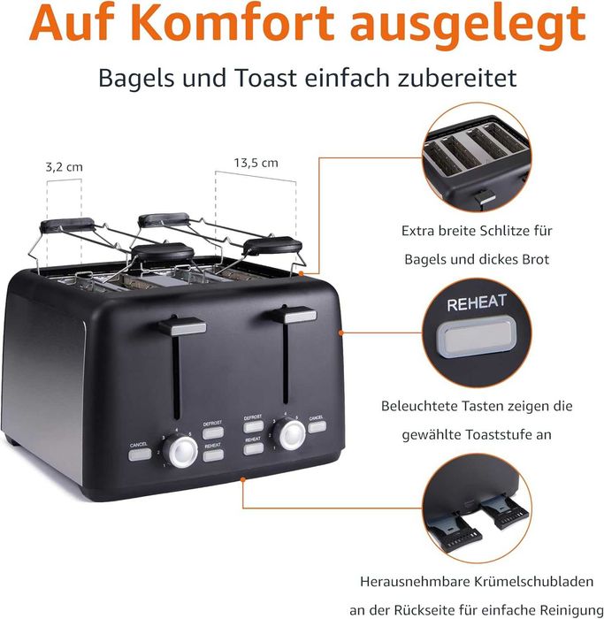 Тостер за 4 филии Amazon Basics със 7 нива на изпичане 1500 W