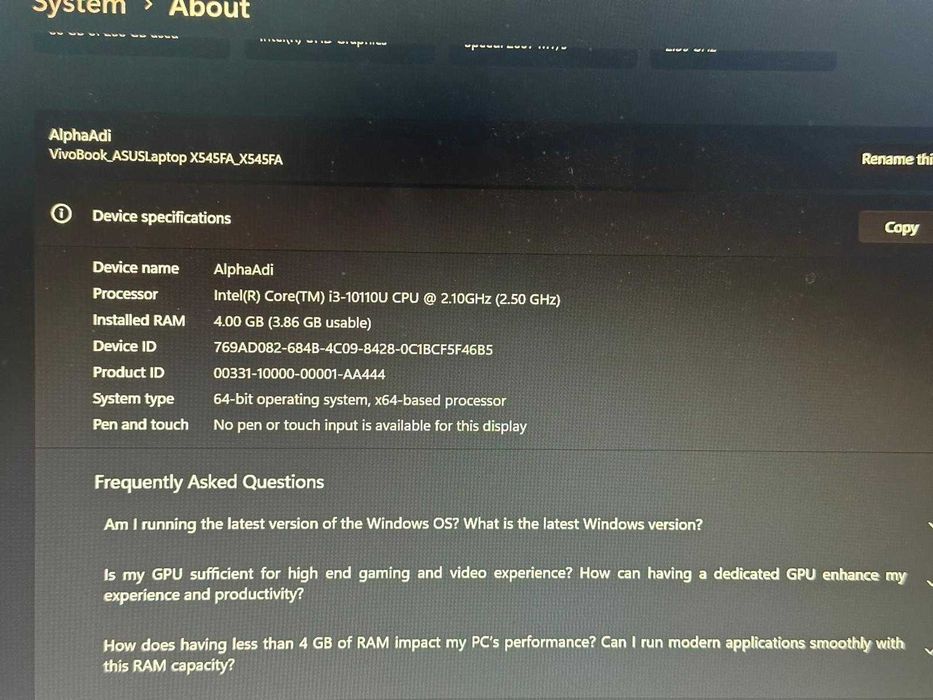 Laptop ASUS VivoBook X545FA i3 10th 4GB RAM + TASTATURA CADOU