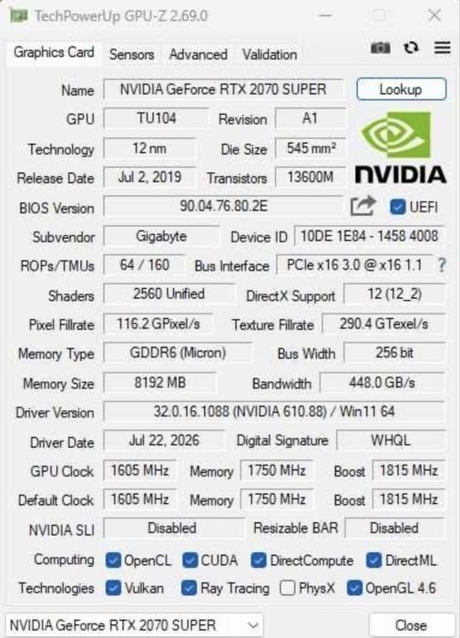 Placă video Gigabyte RTX 2070 Super