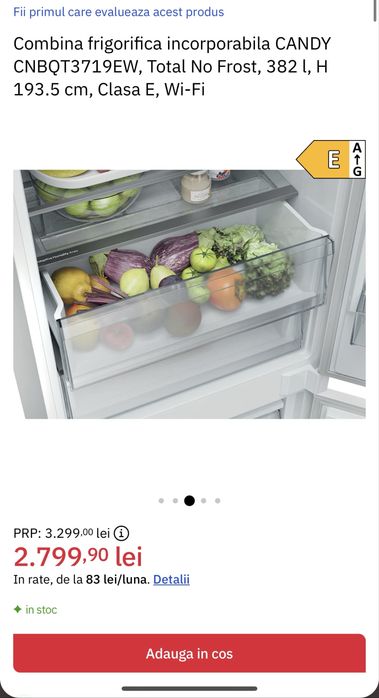 Frigider / combină frigorifică incorporabilă Candy CNBQT3719EW – No Frost, 382L, Wi-Fi