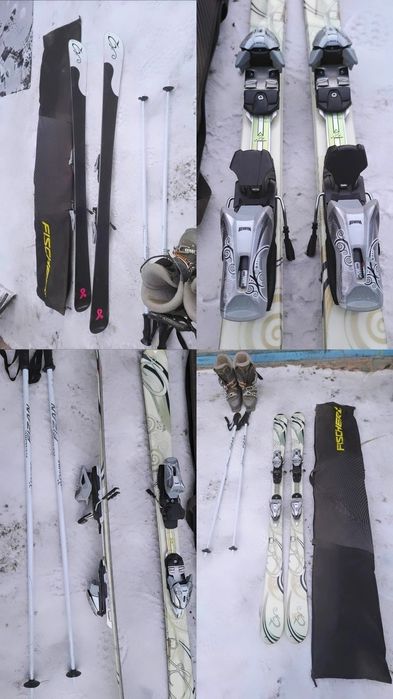 Лыжи, палки, ботинки, чехол.