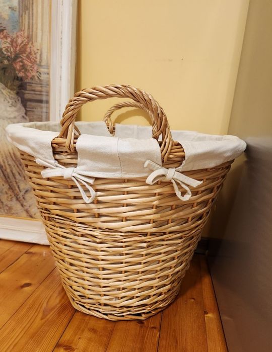 Плетен кош за пране ратан дърво торба лен средно голям  кафяв бежов