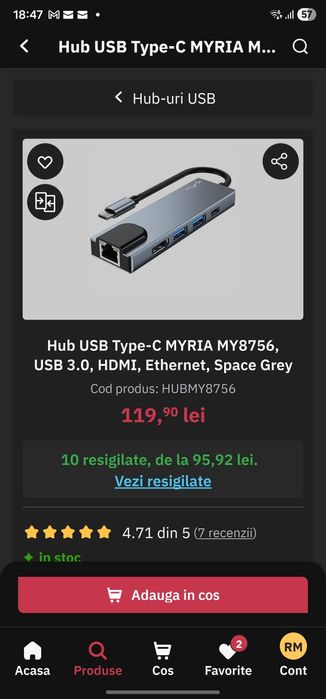 Hub USB Type-C MYRIA MY8756, USB 3.0, HDMI, Ethernet, Space Grey